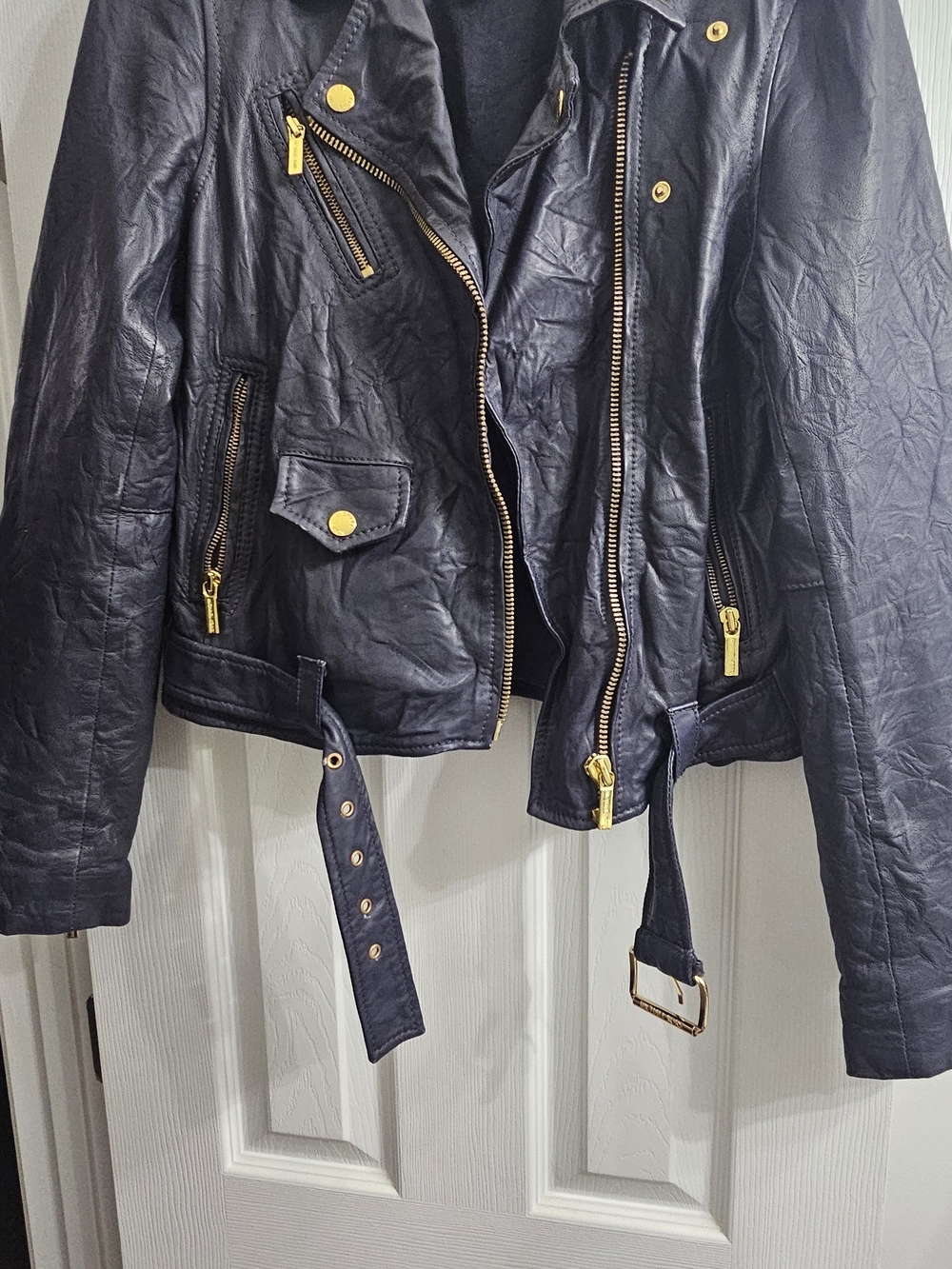 Michael Kors Navy Faux Leather Moto Jacket with Gold Hardware